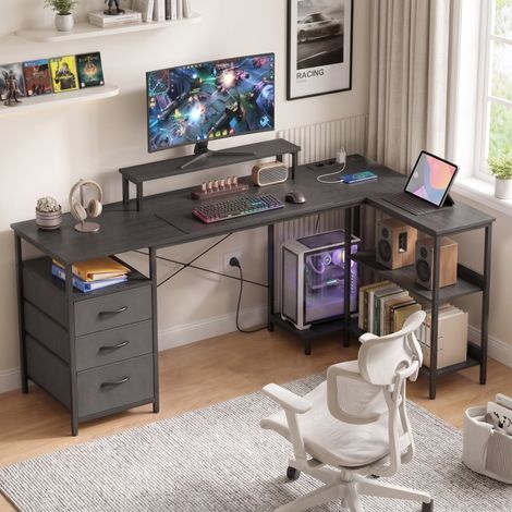Escritorio angular reversible 170x100x91 cm con compartimento de almacenaje y puerto USB Type-C, estructura de madera y metal negro (1/5)