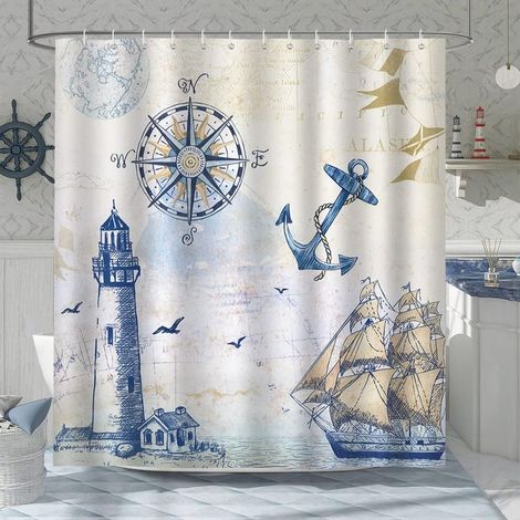 Rideau de Douche Nautique Phare Voilier Boussole Ancre 180 x 180 cm Rideau de Bain Tissu Polyester Anti Moisissure Imperméable Lavable Rideau Salle de Bain avec 12 Crochets pour Baignoire