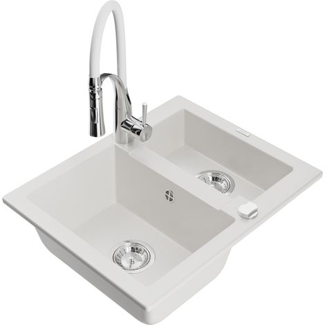 Mexen Carlos évier en granit 1,5 bac avec robinet de cuisine Aster, blanc - 6518-20-73450-02 (1/5)