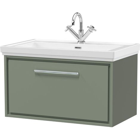 Balterley Longnor Modern Bathroom Wall Hung Single Drawer Vanity Unit with Fireclay Basin, Fern Green, 800mm
