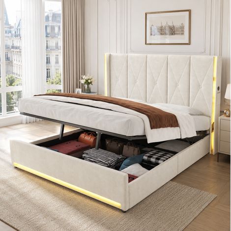 Letto imbottito moderno in velluto beige 180x200 cm con testiera alta, USB/Type-C, LED e vano contenitore (1/5)