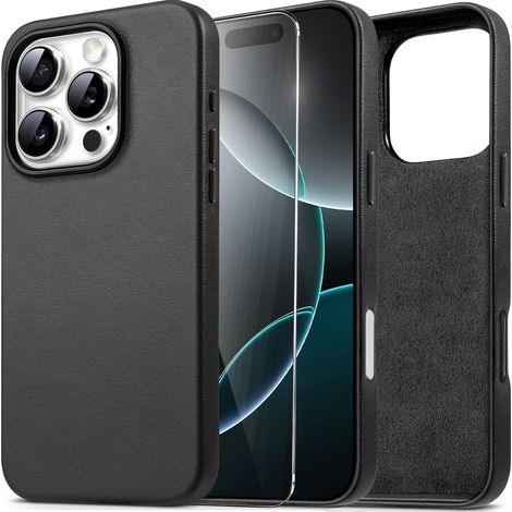 Funda de cuero para iPhone 16 Pro Max, erbord Leather MagSafe, negra + protector de pantalla de cristal (1/5)