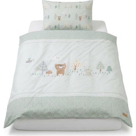 Parure de lit Enfant Woodland Buddies – Housse de Couette 100 x 135 cm + taie d'Oreiller 40 x 60 cm – Parure de lit 2 pièces en Coton – Beige/Blanc (1/5)