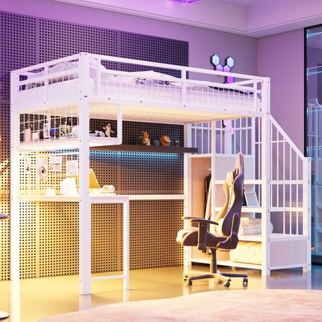 Lit mezzanine métal 90x200 avec bureau, LED & prises, escalier rangement, armoire,Blanc (1/5)