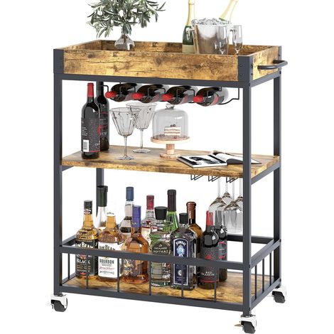 Chariot de Service, Chariot de Cuisine, Chariot de Bar avec roulettes, Chariot à vin avec Porte-Bouteille, 3 étages, Chariot à Boissons pour Salon, Salle à Manger, Cuisine, Bar, fête, Marron (1/5)