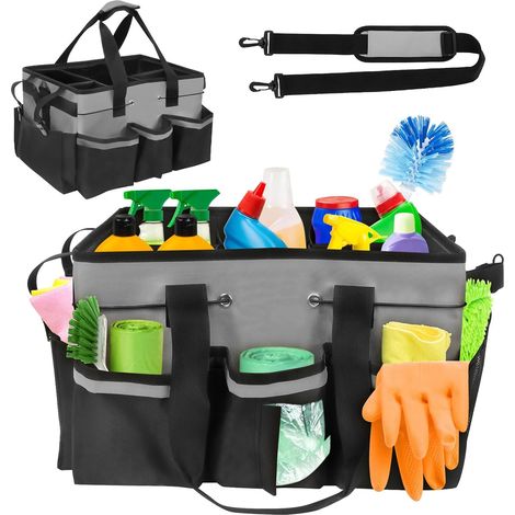 Panier de Nettoyage avec Poignée, Rangement Produits Menagers, Sac de Nettoyage Portable avec 5 Poches, Organiseur de Fournitures de Nettoyage avec Bandoulière Réglable, Pour La Maison La Voiture (1/5)