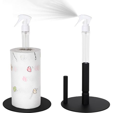 Papierhandtuchhalter aus Edelstahl mit integrierter Sprühflasche, ideal für die Verwendung auf der Küchentheke, mit rutschfestem, beschwertem Sockel (schwarz).