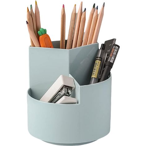 Support À Stylos Rotatif - 3 Compartiments - Boîte De Rangement Pour Stylos Crayons Et Pinceaux - Pour Bureau École Studio Artistique - Bleu (1/5)