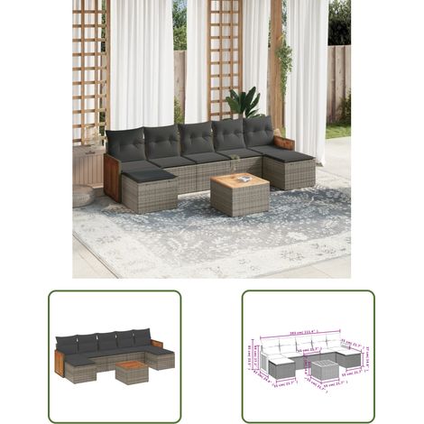 The Living Store 8-tlg. Garten-Sofagarnitur mit Kissen Grau Poly Rattan - Gartenmöbel - Sofagarnitur - Outdoor Möbel - PE-Rattan - Rattan Gartenmöbel