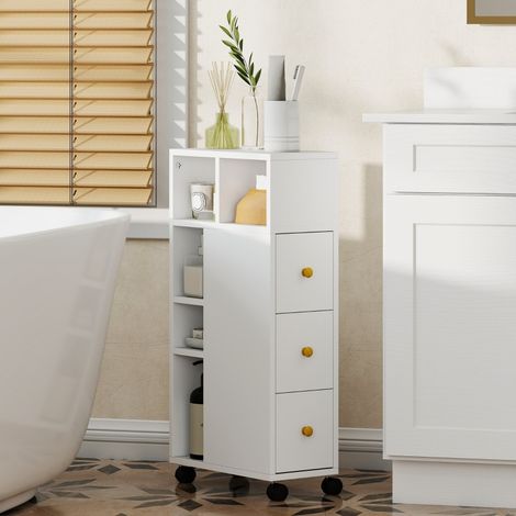 Meuble de salle de bain étroit sur roulettes, 3 tiroirs, 5 niches, 40 x 20 x 80 cm, blanc (1/5)