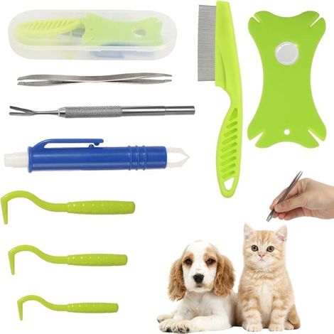 Outil 8 en 1 pour retirer les tiques, comprenant une boîte de rangement, une pince à tiques, un peigne à puces et une loupe convient aux chiens, aux chats et autres animaux de compagnie. (1/4)