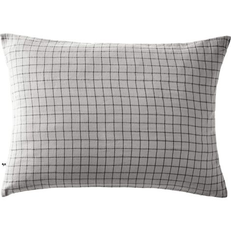 Taie d'oreiller à carreaux double gaze de coton gris 50x70 (1/2)
