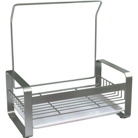 (Color plateado) Soporte para esponja de fregadero de acero inoxidable con barra para toallas, panel extraíble para guardar cepillos para platos, esponjas para platos y líquido lavavajillas