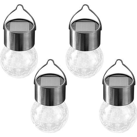 Lot de 4 lampes solaires suspendues d'extérieur, boules décoratives en verre craquelé, lanternes solaires étanches avec poignée et pince pour parasol, jardin, terrasse, clôture, arbre, décorations de (1/5)