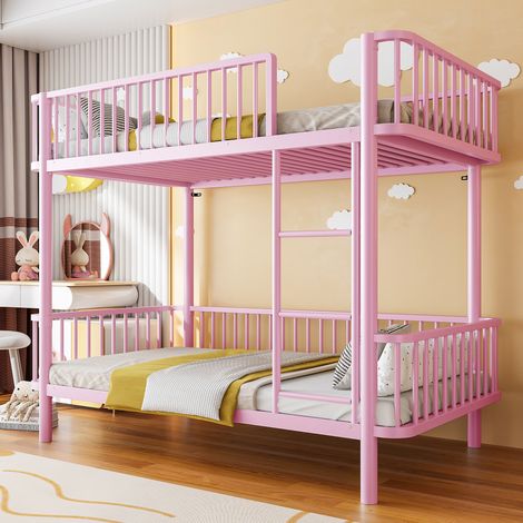 Lit superposé 90/200 cm en métal rose avec barrières de sécurité et angles arrondis (1/5)