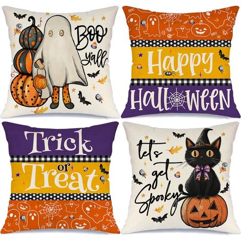 Fundas de cojín decorativas de 45x45 cm con diseño de fantasma, gato negro y calabaza, ideales para Halloween (juego de 4). De rayas, perfectas para decorar un sofá. (1/5)