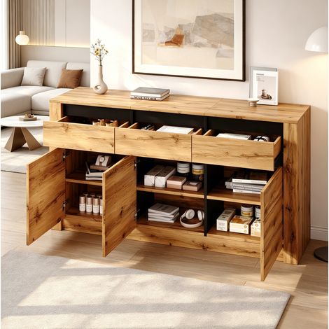 Aparador 140 x 35 x 70 cm de aglomerado, 3 cajones y puertas, color natural OKMYHOME (1/5)