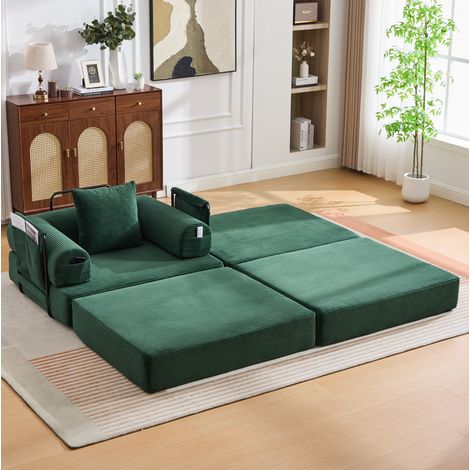 Sofá modular (112x190x67 cm), sin montaje, con bolsillo lateral y cojín, tejido de pana, verde esmeralda (1/5)