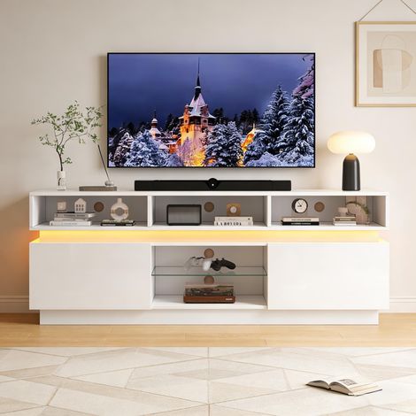 Grand meuble TV de salon 160 x 35 x 60 cm, support TV plat avec étagère en verre trempé, meuble bas brillant avec LED, MDF, adapté aux téléviseurs jusqu’à 60 pouces, blanc (1/5)
