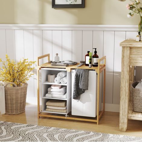 Mueble lavandería bambú con 2 bolsas extraíbles blanco OKMYHOME (1/5)