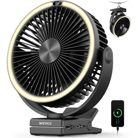 Ventilateur portable rechargeable à clip de 15000mAh, ventilateur de bureau alimenté par batterie de 20,3 cm, lanterne LED et crochet, rotation à 360° et 4 vitesses avec fort débit d'air pour (1/5)