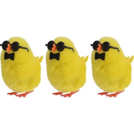 Kaemingk – Decoris – Poussins de Pâques jaunes avec nœud papillon et lunettes de soleil, 4 cm – Chenille, lot de 3 (1/2)