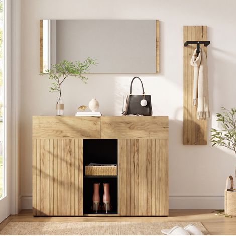 MODFU – Set ingresso 125x35x178 cm in MDF con specchio, appendiabiti, scarpiera, anti-ribaltamento e carico 50 kg – Nero/legno naturale (1/5)