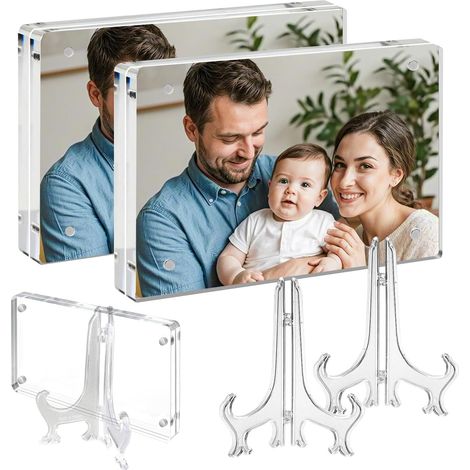 Lot de 2 cadres photo magnétiques en acrylique transparent de 15,2 x 10,2 cm avec support – Affichage double face sans cadre pour décoration de maison/bureau, design cube flottant (1/2)
