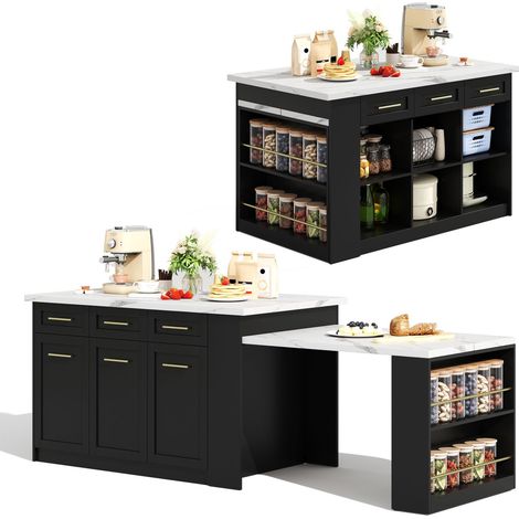 Îlot de cuisine meuble de cuisine rangement intégré table repas extensible plateau en bois effet marbre blanc conception (1/5)