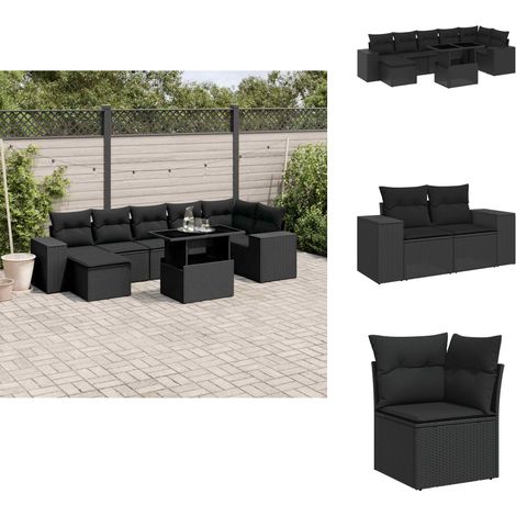 Salon de jardin 8 pcs avec coussins noir résine tressée - Salon De Jardin - Meuble Extérieur - Set Salon - Résine Tressée - Rotin Synthétique (1/5)