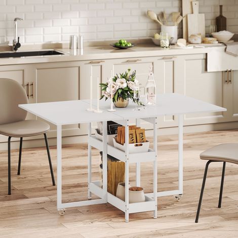 Tavolo Pieghevole a 2 Ribalte per 4 Persone con 2 Ripiani Aperti, Legno e Metallo, 133.4x80x75 cm, Bianco