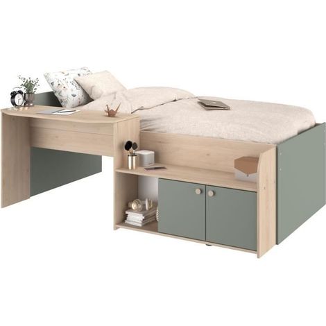 Lit combiné enfant 90x200 cm – Chêne et vert céladon – Bureau intégré et rangements – Dimensions L:136 cm x H:75,2 cm – Parisot