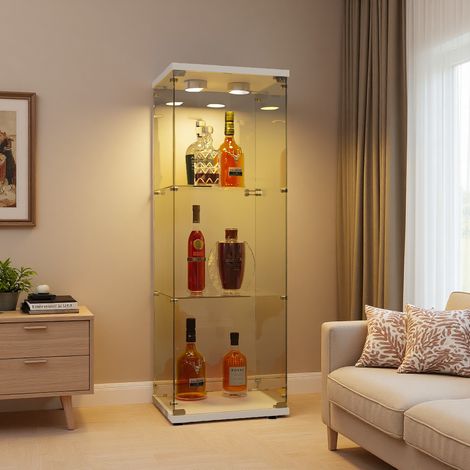 Vitrine en verre trempé blanc 3 niveaux – 1 portes avec serrure – Éclairage LED – Dimensions 125x42x36 cm – Pour collections et objets d'art (1/5)