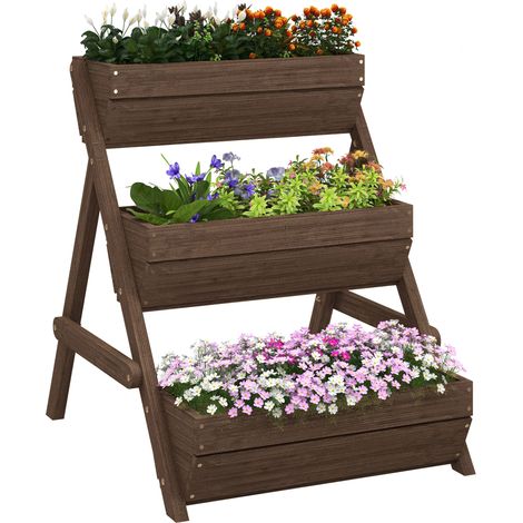 3-Tier Wooden Elevated Planter Box Kit for Flowers,Vegetables,and Herbs-66L Capacity,65x75x78cm,Tan Finish