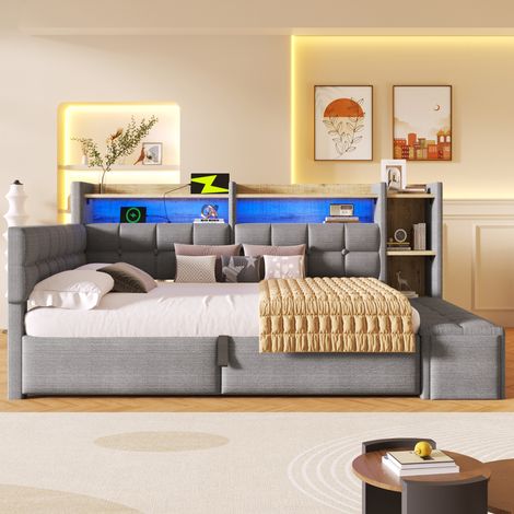 Lit jour 140x200 cm en velours avec rangement hydraulique LED et USB-C - Gris foncé (1/5)