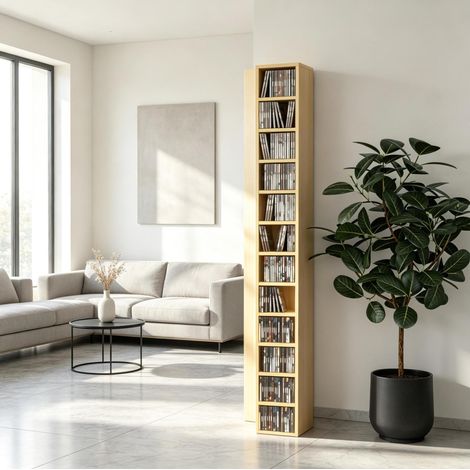 Tour porte-CD gain de place en bois naturel, meuble multimédia moderne, OKWISH (1/5)