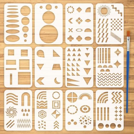 12PCS Pochoirs de Formes Géométriques Différentes Avec Pinceau 26x17.8cm Pochoir Formes Géométriques Cercles Ellipses Carrés Triangles (1/5)