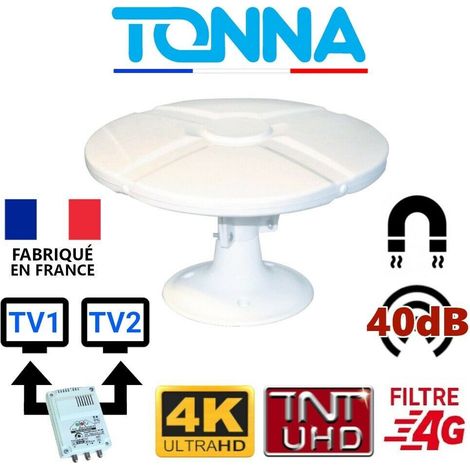 Tonna – Antenne TNT HD omnidirectionnelle 40dB – Amplificateur faible bruit – 2 sorties camping-car – Boîtier étanche anti-UV – GAIN 40 dB