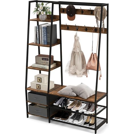GOPLUS Porte-Manteau Multifonctionnel avec Banc, 9 Crochets et 6 Étagères, 2Tiroirs en Tissu Amovible, Organisateur de Maison 6-en-1 pour Entrée, Salon, Chambre à Coucher, 122X40X180 CM (1/5)