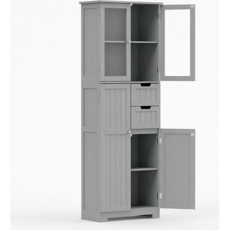 Mueble alto de baño gris con 4 puertas, 2 puertas de vidrio y 2 cajones, estantes regulables (1/5)