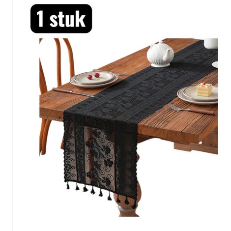 Nappe chemin de table en dentelle avec pompons 30 x 260 cm pour décoration de table à manger ou table basse noire (1/3)