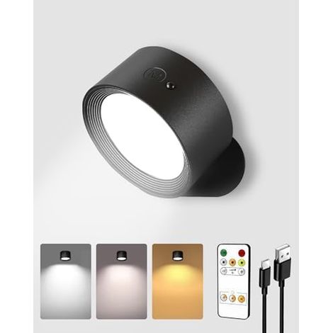Wireless Rechargeable LED Wall Light, Touch Bedside Lamp, 3 Color Temperatures, Remote Control and Touch Control, 360° Swivel, Adjustable, for Living Room and Bedroom Black (1/5)