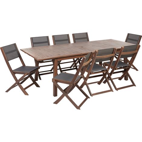Conjunto de comedor 8 plazas de madera de acacia oscura gris tela PVC mesa extensible sillas plegables Cesana