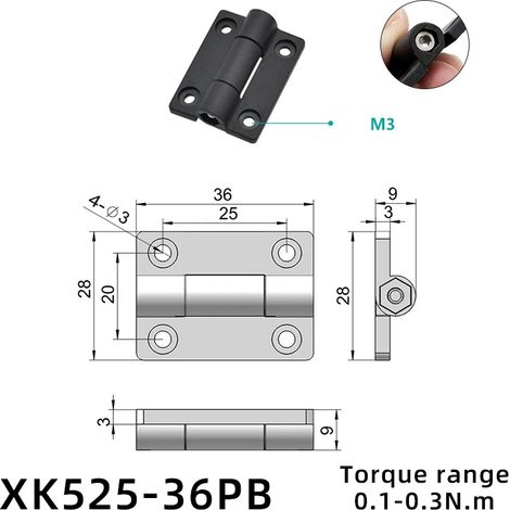 (XK525-36PB) 2 charnières à clapet pliantes avec amortisseur de torsion, en plastique et alliage de zinc, butée de positionnement réglable et tampon de couple (1/5)
