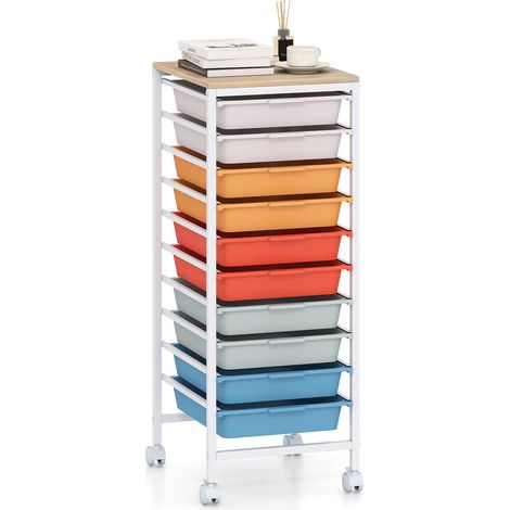 Tour de Rangement à 10 Tiroirs Plastiques, Cadre Métallique, Desserte à Roulettes Verrouillables Silencieux avec Plateau Aspect Bois, Multicolore (1/5)