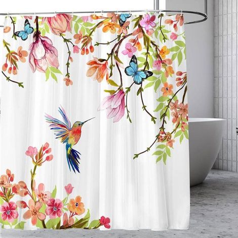 Rideau De Douche - Fleurs Et Colibris - Imprimé Décoratif - Matière Polyester Étanche - Pour Salle De Bain - 1 Pièce (1/5)