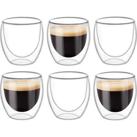 Lot de 6 tasses à double paroi, verres et mugs, tasses à café transparentes à double paroi, double paroi, cappuccino, latte et isothermes (80 ml)