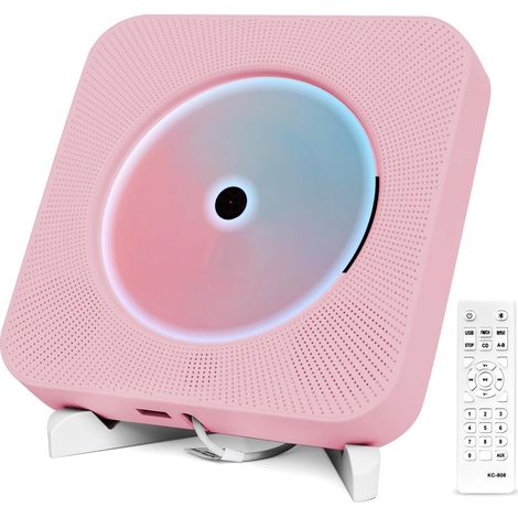 Lecteur de CD Portable de Bureau avec Bluetooth Support Mural Intégré dans Les Haut-parleurs HiFi Home, Mini Lecteur CD Audio Boombox avec Télécommande, idéal Comme Cadeau (Rose) (1/5)