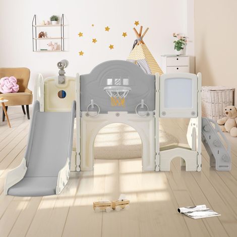 Toboggan pour enfants 10 en 1, avec toboggans séparés, cadre de basket-ball, télescope de jeu, jouet d'escalade, planche à dessin, adapté aux enfants de 3 à 8 ans - gris + blanc (1/5)