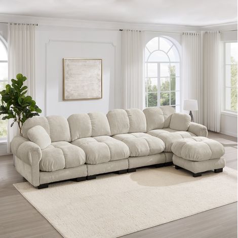 Sofá esquinero modular (330x149x90 cm), asiento acolchado, respaldo curvo, chenilla, caqui claro (1/5)